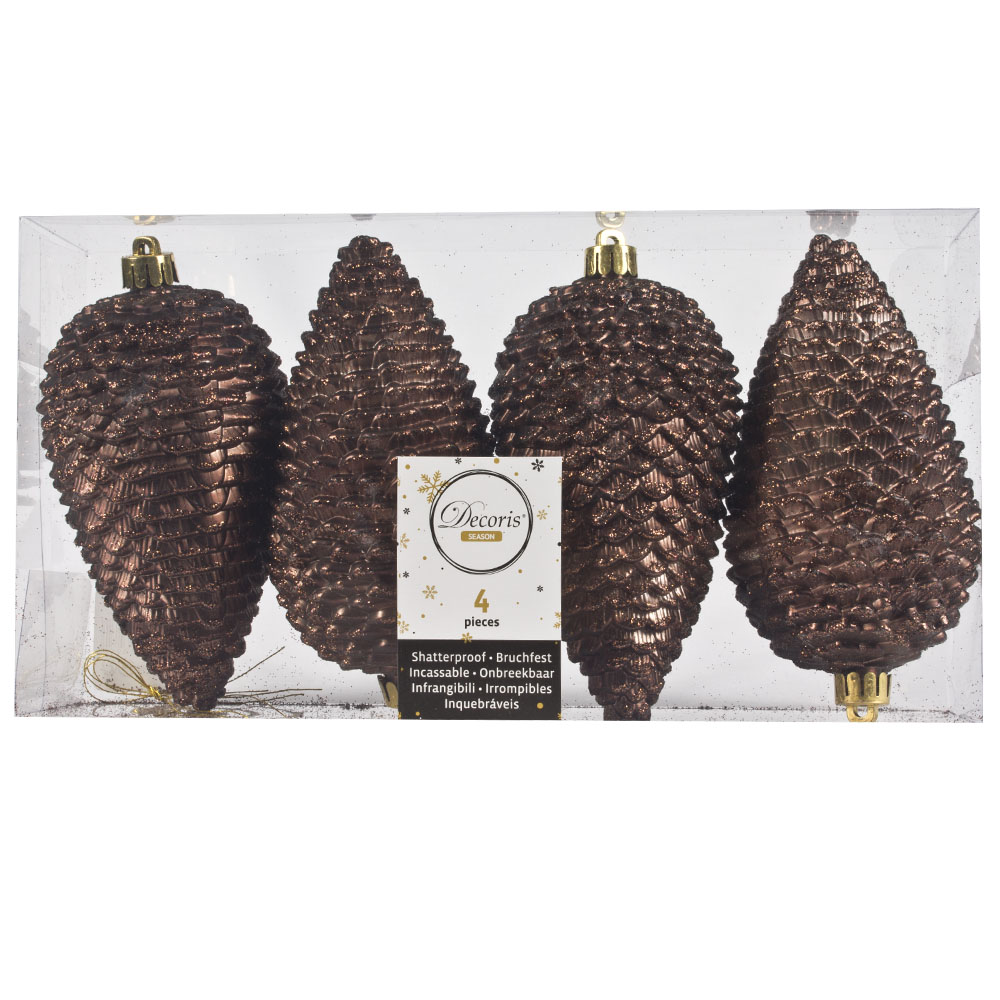 Pack Of 4 Large Brown Shatterproof Pinecone Decorations - 7cm X 12cm