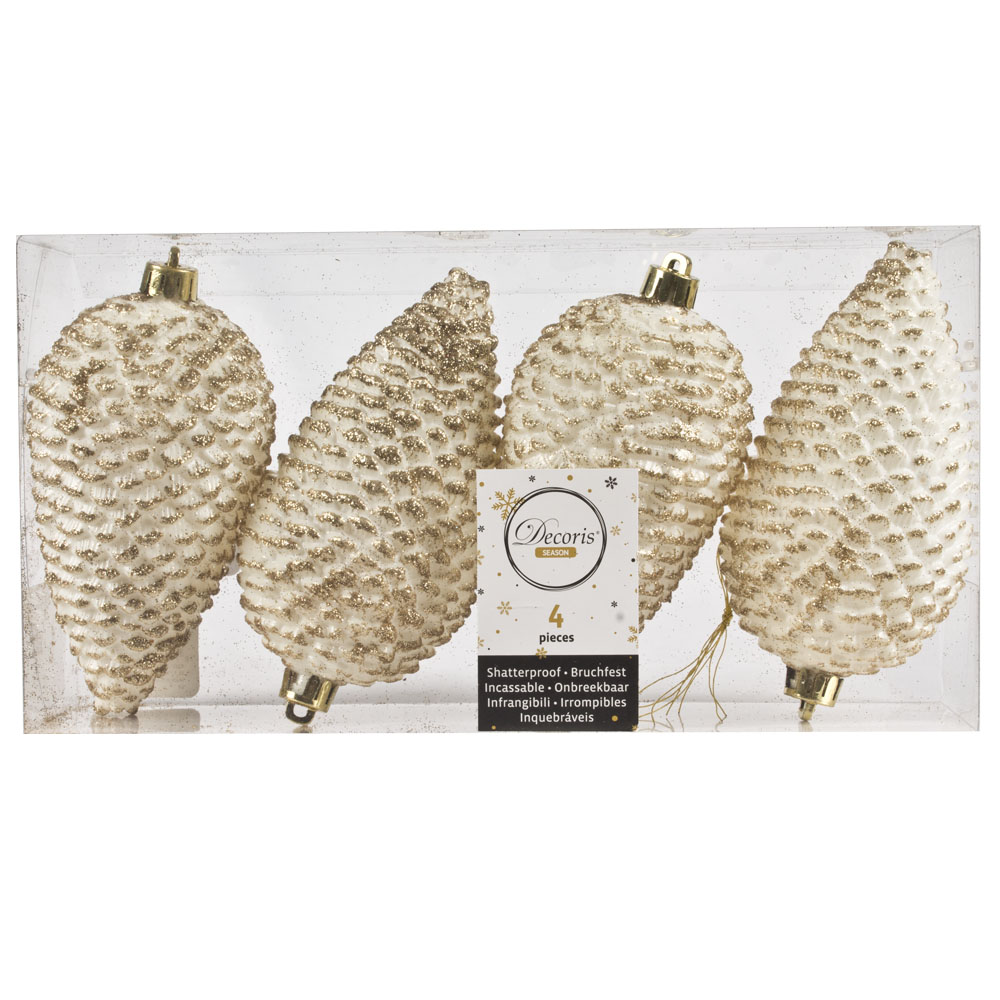 Pack Of 4 Large Ivory Shatterproof Pinecone Decorations - 7cm X 12cm