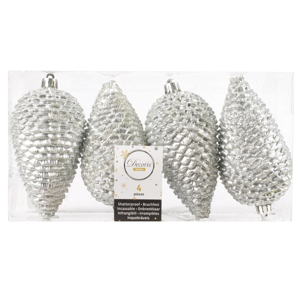 Pack Of 4 Large Silver Shatterproof Pinecone Decorations - 7cm X 12cm