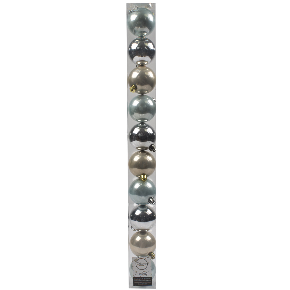 Tube Of Blue, Silver & Pearl Assorted Shatterproof Baubles - 10 X 60mm
