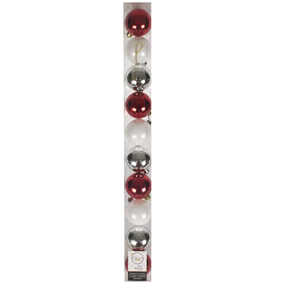 Tube Of Red, White & Silver Assorted Shatterproof Baubles - 10 X 60mm