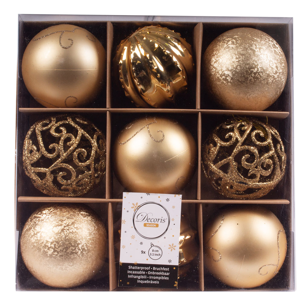 Mixed Finish Gold Decorative Shatterproof Baubles - 9 X 80mm