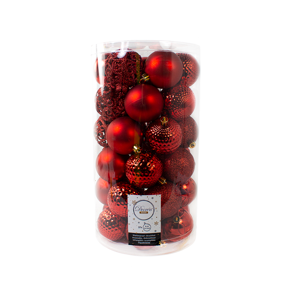 Christmas Red Mixed Finish Shatterproof Baubles - 37 X 60mm