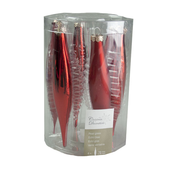Christmas Red Glass Icicle Hangers - 6 x 15cm