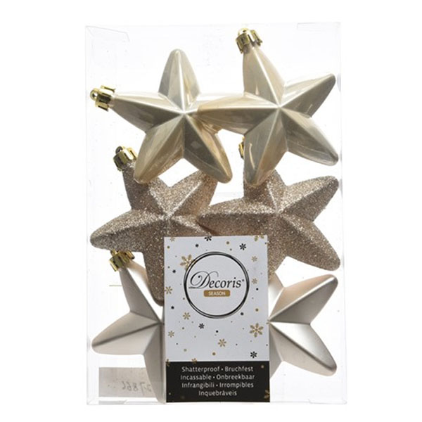 Pack Of 6 x 75mm Mixed Finish Shatterproof Star Hanging Decorations - Pearl
