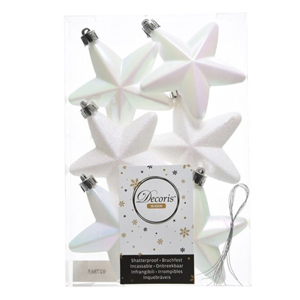 Pack Of 6 x 75mm Mixed Finish Shatterproof Star Hanging Decorations - White Iridescent