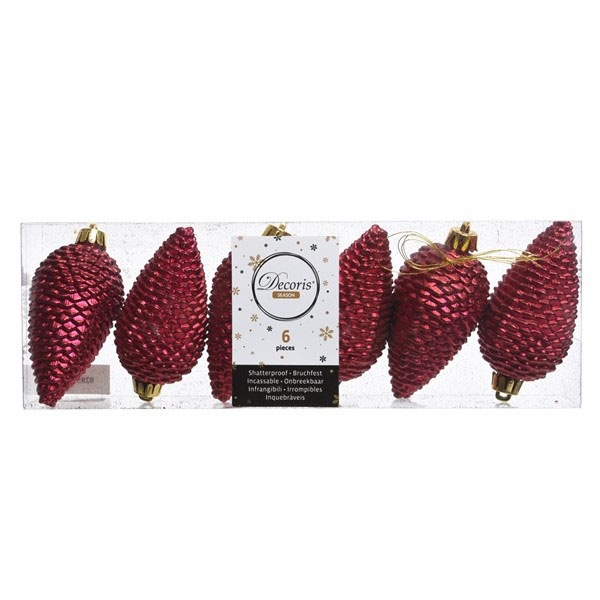 Pack Of 6 Dark Red Shatterproof Glitter Pinecone Decorations - 4.5cm X 8cm