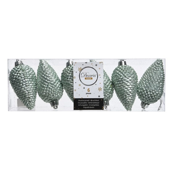 Pack Of 6 Pale Sage Green Shatterproof Glitter Pinecone Decorations - 4.5cm X 8cm