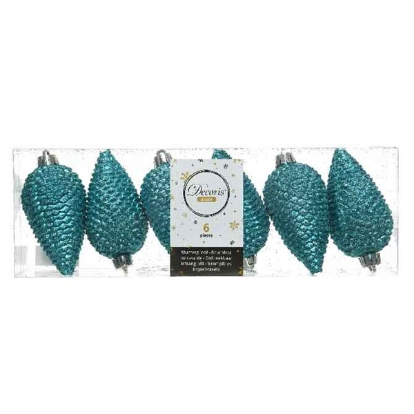 Pack Of 6 Turquoise Shatterproof Glitter Pinecone Decorations - 4.5cm X 8cm