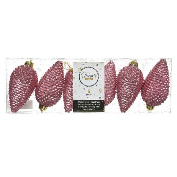 Pack Of 6 Velvet Pink Shatterproof Glitter Pinecone Decorations - 4.5cm X 8cm