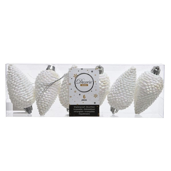 Pack Of 6 White Iridescent Shatterproof Glitter Pinecone Decorations - 4.5cm X 8cm