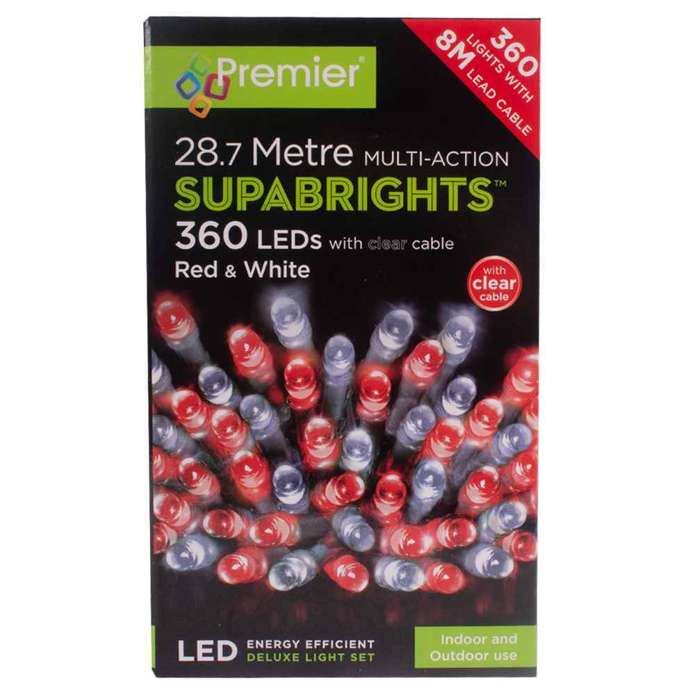 28.7m Length Of 360 Red & White Multi Action Outdoor Premier Supabrights LED Fairy Lights Clear Cable