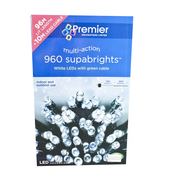 96m Length Of 960 White Multi Action Outdoor Premier Supabrights LED Fairy Lights Green Cable