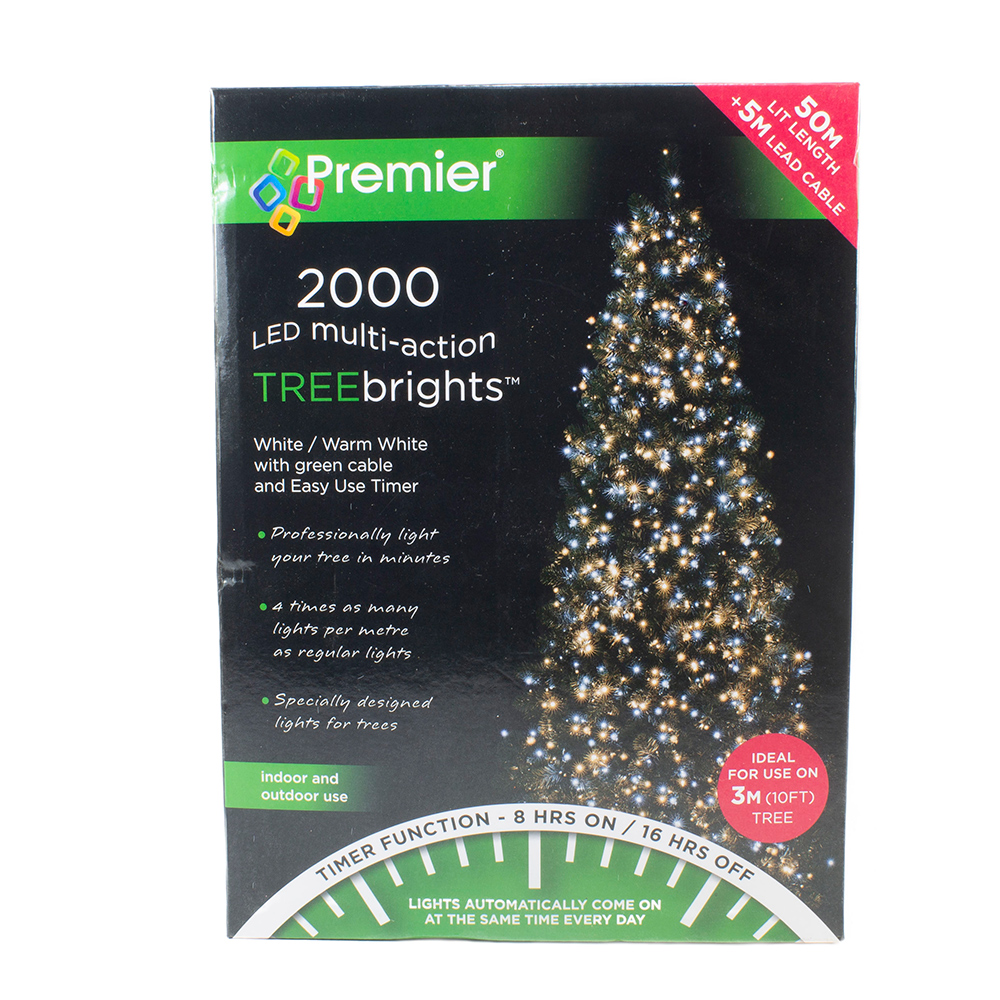 Premier 50m length of 2000 White & Warm White Mix Treebrights Multi Action LED Fairy Lights On Green Cable With Timer