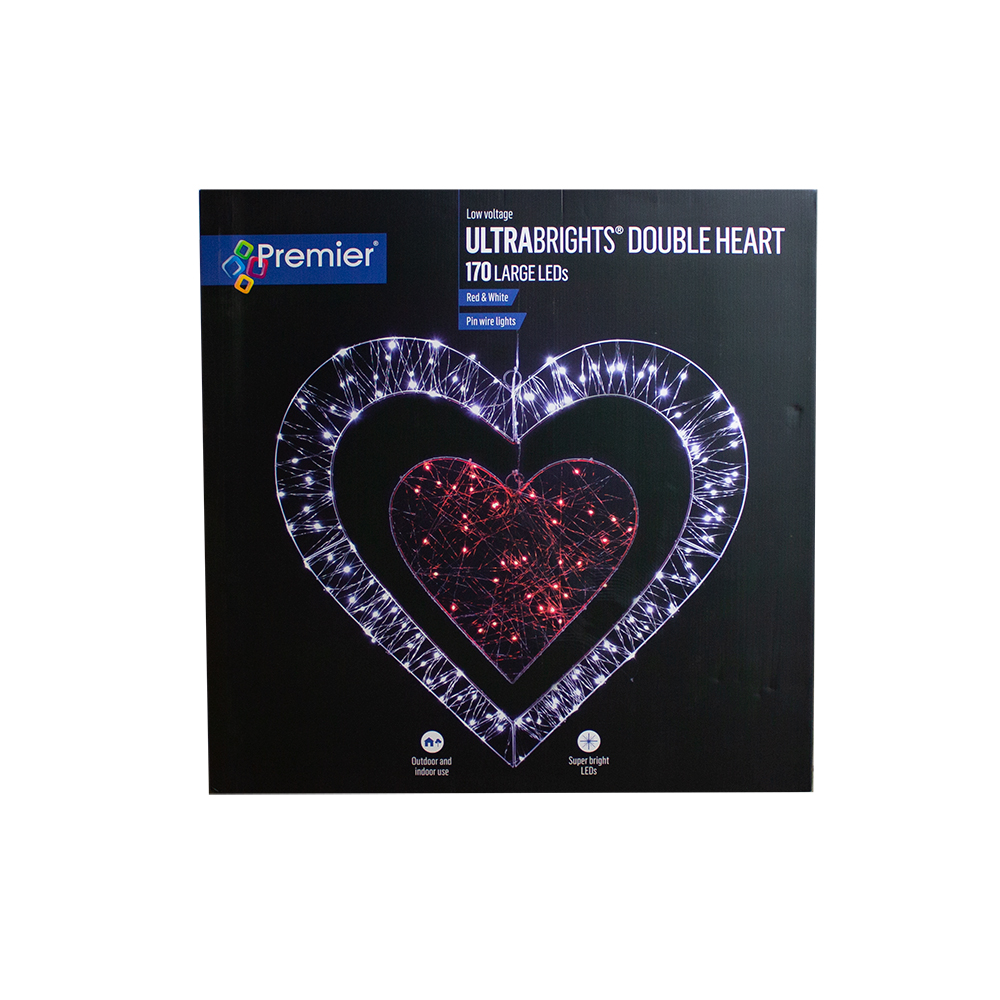 Red & White LEDs Pine Wire Double Heart Silhouette - 80cm