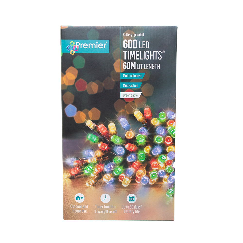 Premier 59.9m Length Of 600 Multi Coloured Outdoor Battery Operated Multiaction LED Fairy Lights With Timer Green Cable