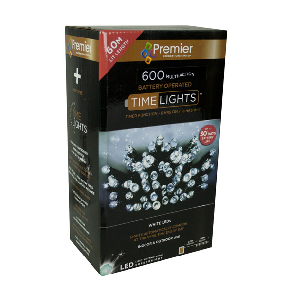 Premier 59.9m Length Of 600 White Outdoor Battery Operated Multiaction LED Fairy Lights With Timer Green Cable