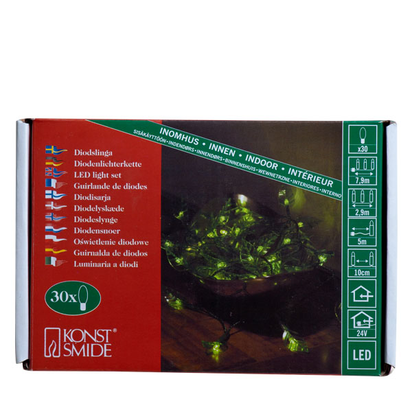Konstsmide 2.9m Length Of 30 Indoor Static Green LEDs with Green leaves. Clear Cable.