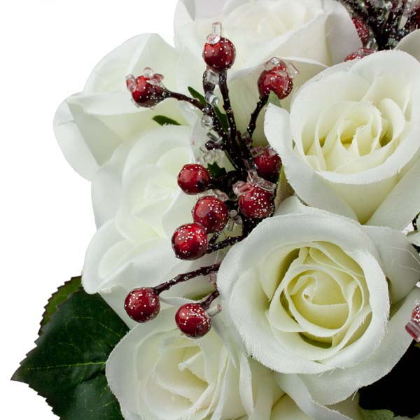 White Rose Bundle With Frosted Red Berries - 32cm
