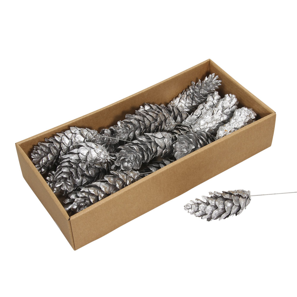 Pack Of 20 X 10cm Silver Strobus Pine Cones On Wire