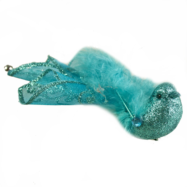 Turquoise Feather Bird Clip With Tulle Tail - 2 X 14cm