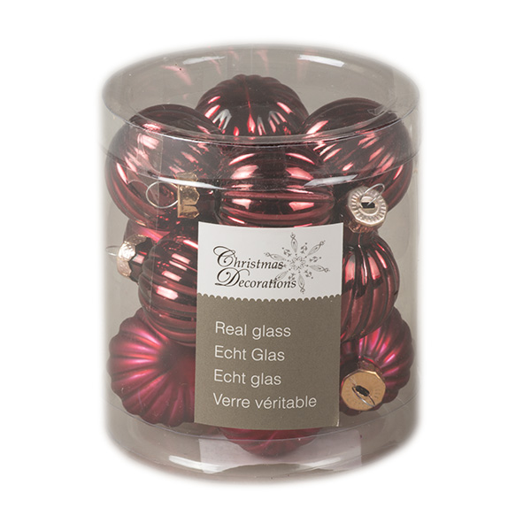 Dark Red Ribbed Glass Baubles - 12 x 3cm