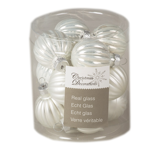 Winter White Ribbed Glass Baubles - 12 x 3cm