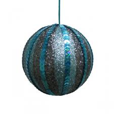 Dark Blue & Turquoise Striped Sequin Bauble - 100mm