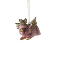 Glamorous Laying Pink Pig Decoration With Gold Glitter Wings & Crown - 8cm