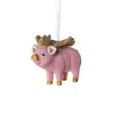 Glamorous Standing Pink Pig Decoration With Gold Glitter Wings & Crown - 8cm